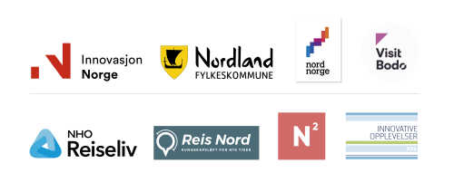 Logoene til Innovasjon Norge, Nordland Fylkeskommune, NordNorsk Reiseliv, NHO Reiseliv, Visit Bodø, Reis Nord, N" og Innovative Opplevelser.
